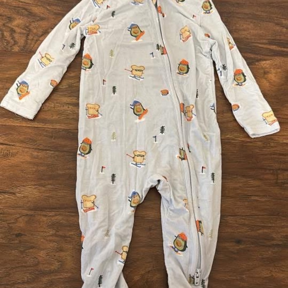 Angel Dear Light Gray Baby Footie with Ski Bear Print and Orange & Blue Accents
